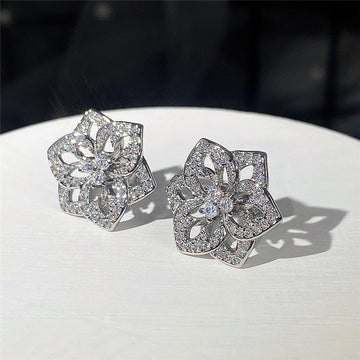 Silver Tone Clear Stone Layered Flower Stud Earrings