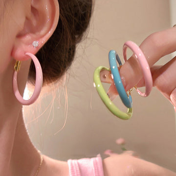 Pastel Blue Enamel Double Hoop Stud Earrings Jewelry Pair