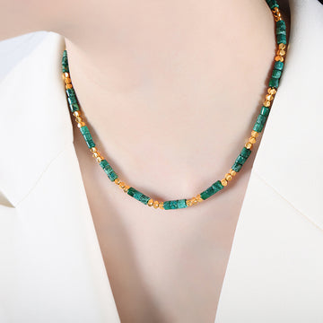 Gold Bead Natural Stone Tube Necklace Blue Yellow Red