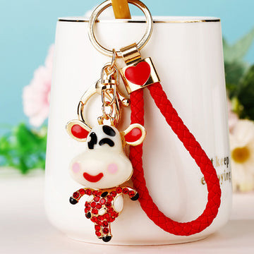 Jeweled Cute Cow Keychains in Five Colors with Braided Loop Options