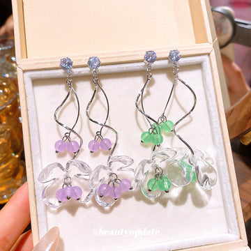 Crystal Flower Drop Earrings in Purple and Green Fashion Jewelry