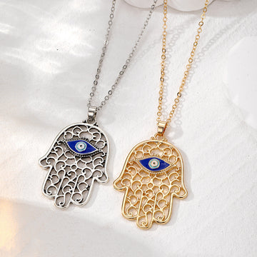 Gold and Silver Tone Openwork Hamsa Blue Eye Pendant Necklaces