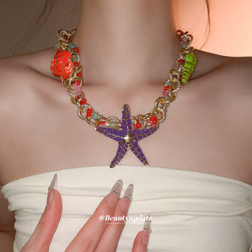 Colorful Beaded Starfish And Seashell Statement Necklace