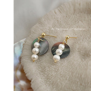 Gold-Tone Shell Disc Drop Earrings with Three Freshwater Pearls