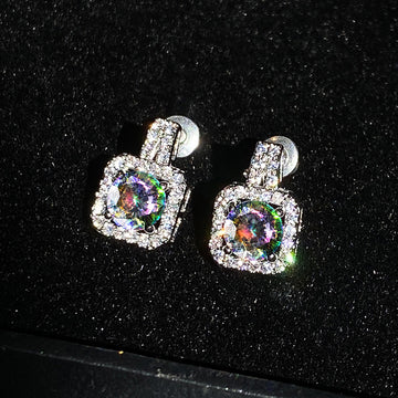 Square Halo Stone Stud Earrings In Two Stone Colors