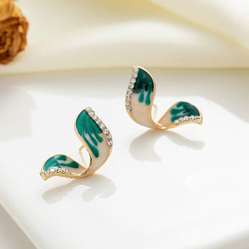 Gold Green Cream Enamel Twisted Leaf Stud Earrings