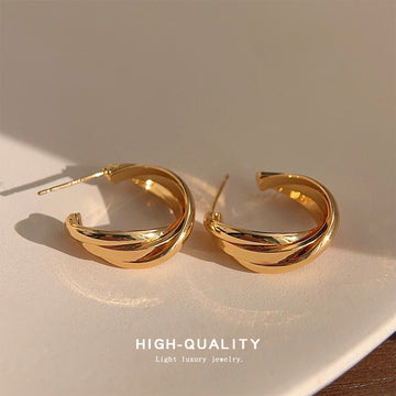Gold Twisted C Hoop Earrings Triple Band Post Back