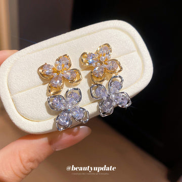 Crystal Four Petal Flower Stud Earrings in Two Metal Tones