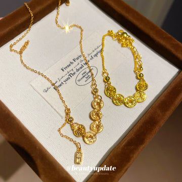Gold Tone Chinese Coin Row Pendant Necklace Cable Chain