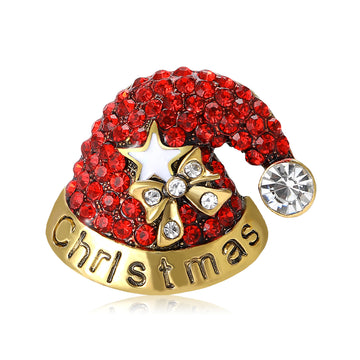 Red Crystal Christmas Hat Brooch With Gold Stars and Bells