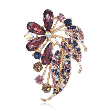 Rhinestone Flower Leaf Brooch Purple or Blue Petals