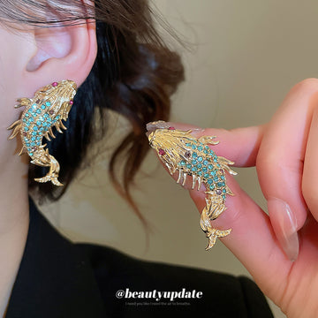 Gold Blue Crystal Koi Fish Stud Earrings Decorative Jewelry