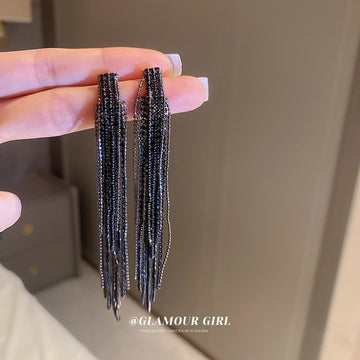 Long Crystal Chain Tassel Earrings In Silver And Black