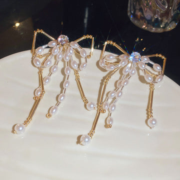 Gold-Tone Crystal Bow and Pearl Stud Earrings Decorative Jewelry Accessory