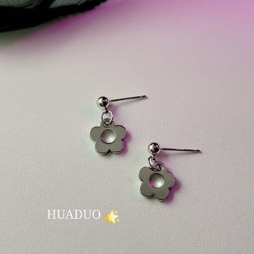 Silver Tone Open Flower Drop Stud Earrings Ball Post