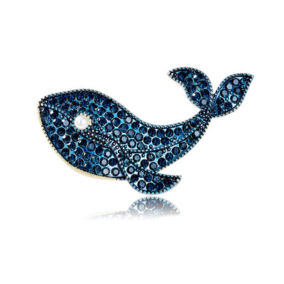 Front product view of the whale brooch pin in blue and black