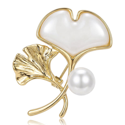Gold Tone Ginkgo Leaf brooch front view on a white background