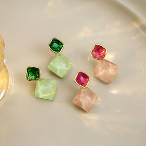 Gold-Tone Double Square Enamel Drop Stud Earrings, Green or Pink