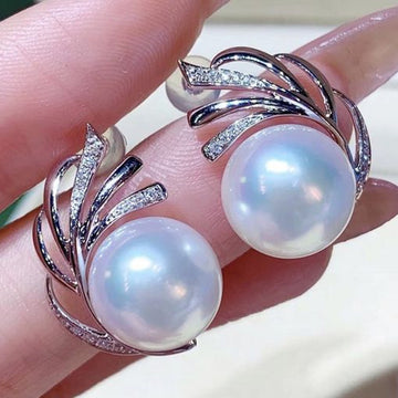 White Gold Banana Leaf Faux Pearl Stud Earrings Pair