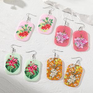 Rectangular Floral Print Acrylic Drop Earrings on Hook Wires, Four Colors