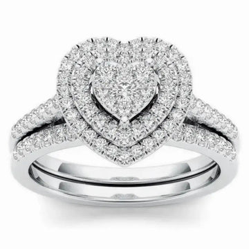 Heart Cluster Triple-Halo Two-Ring Set In Three Metal Tones