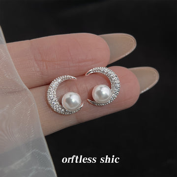 Silver Tone Clear Stone Crescent Moon And Pearl Stud Earrings
