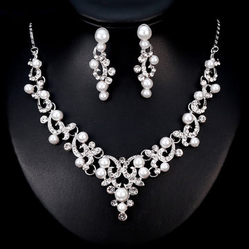 Black Silver Tone Pearl Crystal Scroll Crystal Pearl Look Metal Necklace