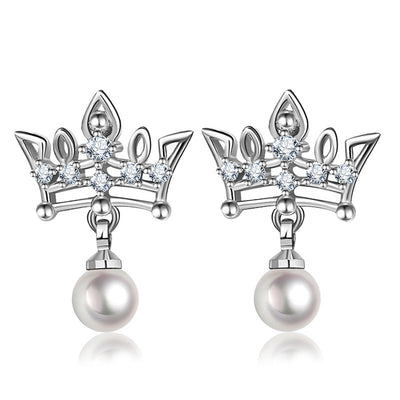 Silver crown CZ stud earrings with white pearl drops on white background