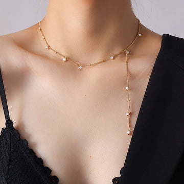 Gold Y Lariat Necklace with Freshwater Pearl Drops