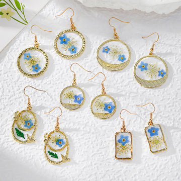 Blue Forget-Me-Not Resin Drop Earrings Gold Frames 5 Styles