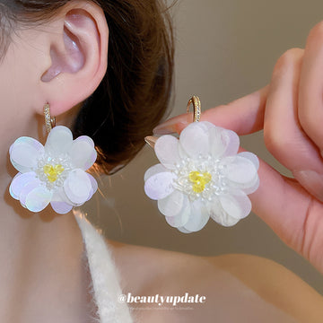 White Sequin Flower Huggie Earrings Fashion Jewelry