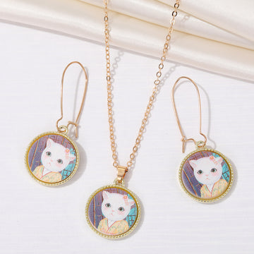 Gold Tone Round Kimono Cat Pendant Necklace and Long Hook Earrings