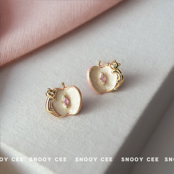 Gold Tone White Apple Cat And Pink Stone Stud Earrings For Women