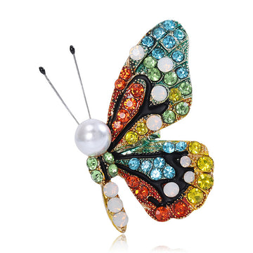Butterfly Pin Brooch in Metal with Multicolor Enamel and Crystal Wings with Pearl Body