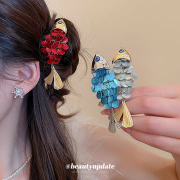 Blue Shell Disc Fish Duckbill Hair Clip Silver Head