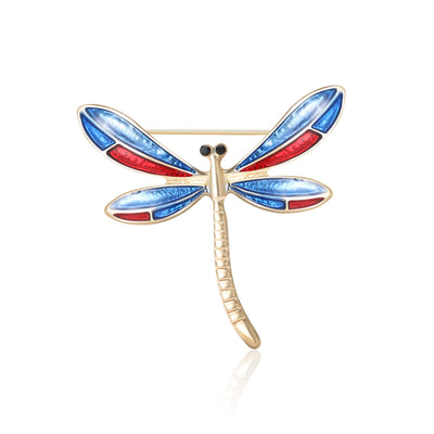 Blue red enamel dragonfly brooch gold tone front