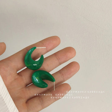 Glossy Green Resin Curved Teardrop Stud Earrings Chunky