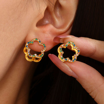 Model wearing gold multicolor zircon flower clip earrings