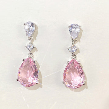 Pink Pear-Shaped Three-Stone Long Drop Earrings In Silver Tone