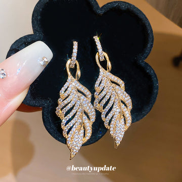 Crystal Leaf Drop Earrings with Detailed Gold Tone Openwork