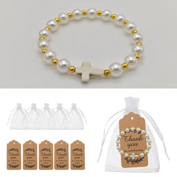 Pearl Gold Spacer Cross Stretch Bracelet Cream Bead
