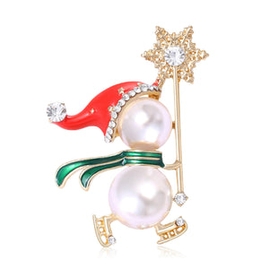 Snowman Brooch with Pearl Body Red Hat and Crystal Snowflake