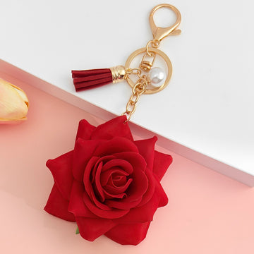 Foam Rose Flower Keychain With Faux Pearl And Suede Tassel