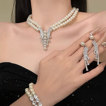 Silver Double Strand Pearl Necklace Earrings Bracelet Set