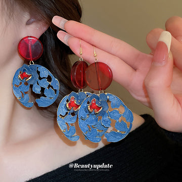 Red And Blue Layered Floral Drop Earrings With Cutout Petals