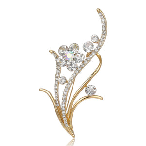 Floral Spray Rhinestone Brooch Clear Crystal Gold Silver Pin