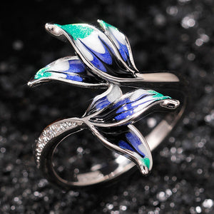 Silver Blue Green Enamel Dual Leaf Open Ring CZ Band