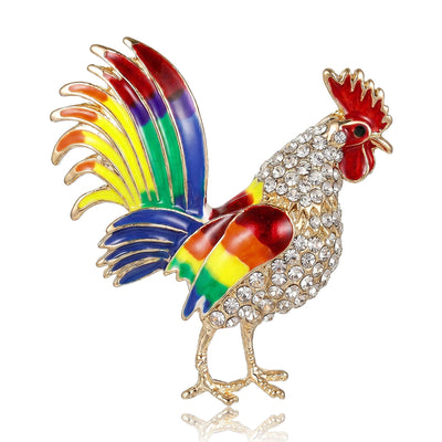 rainbow enamel rooster brooch shown in the main product arrangement