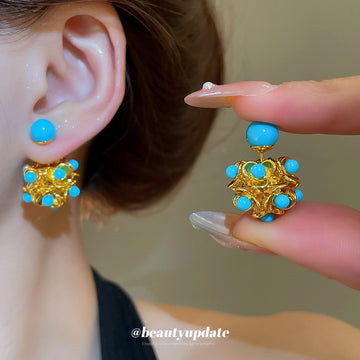 Blue Beaded Gold Tone Floral Cluster Stud Earrings