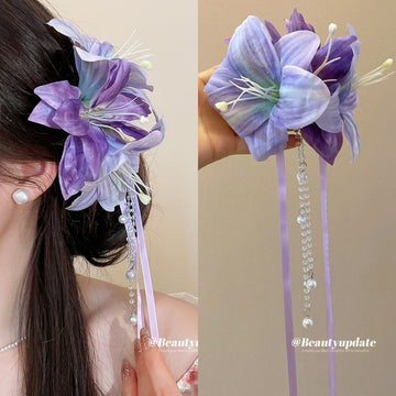 Purple Fabric Lily Hair Clip Pearl Crystal Ribbon Tassels